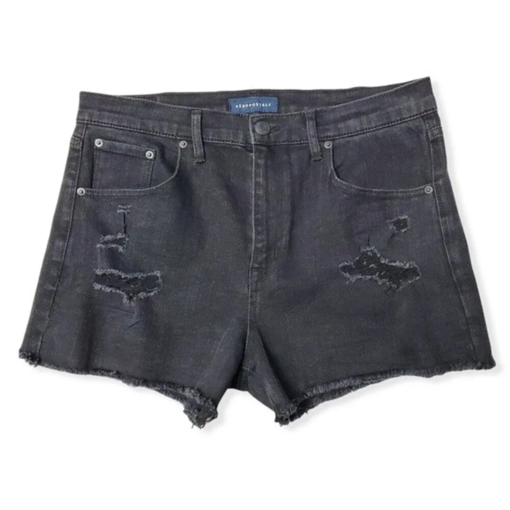 Aeropostale Distressed High Rise Black Denim Shorts Size 12